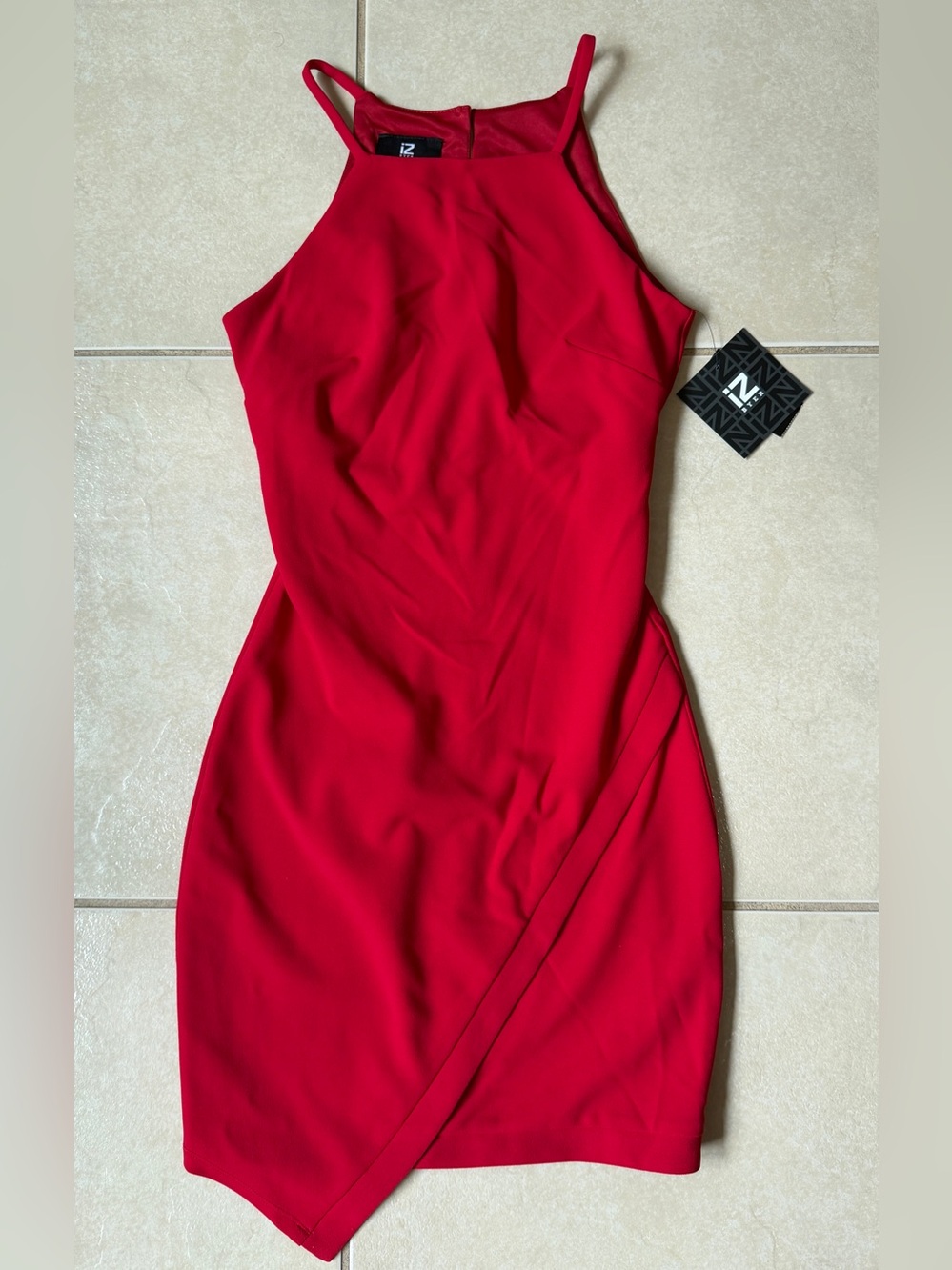 IZ BYER Red Scuba Crepe Halter Neck Bodycon Mini Dress Asymmetric Tulip Hem XS